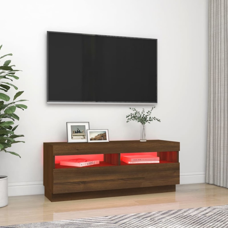 Mueble de TV con luces LED marrón roble 100x35x40