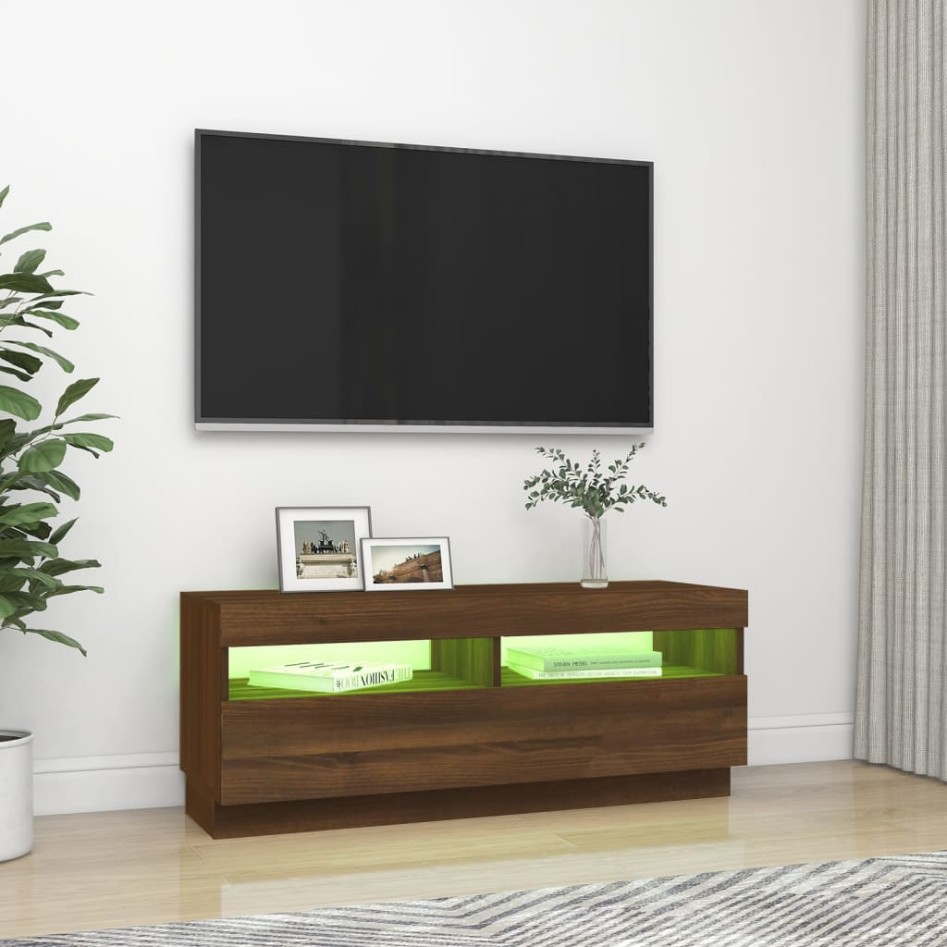 Mueble de TV con luces LED marrón roble 100x35x40