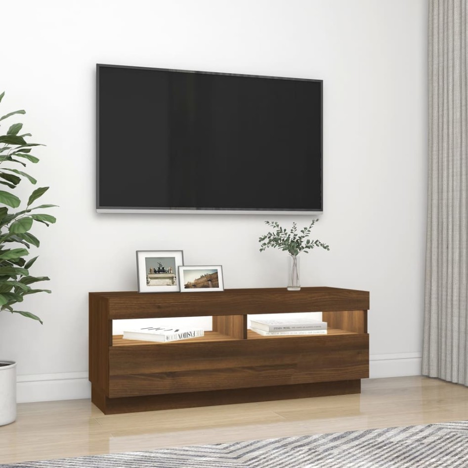 Mueble de TV con luces LED marrón roble 100x35x40