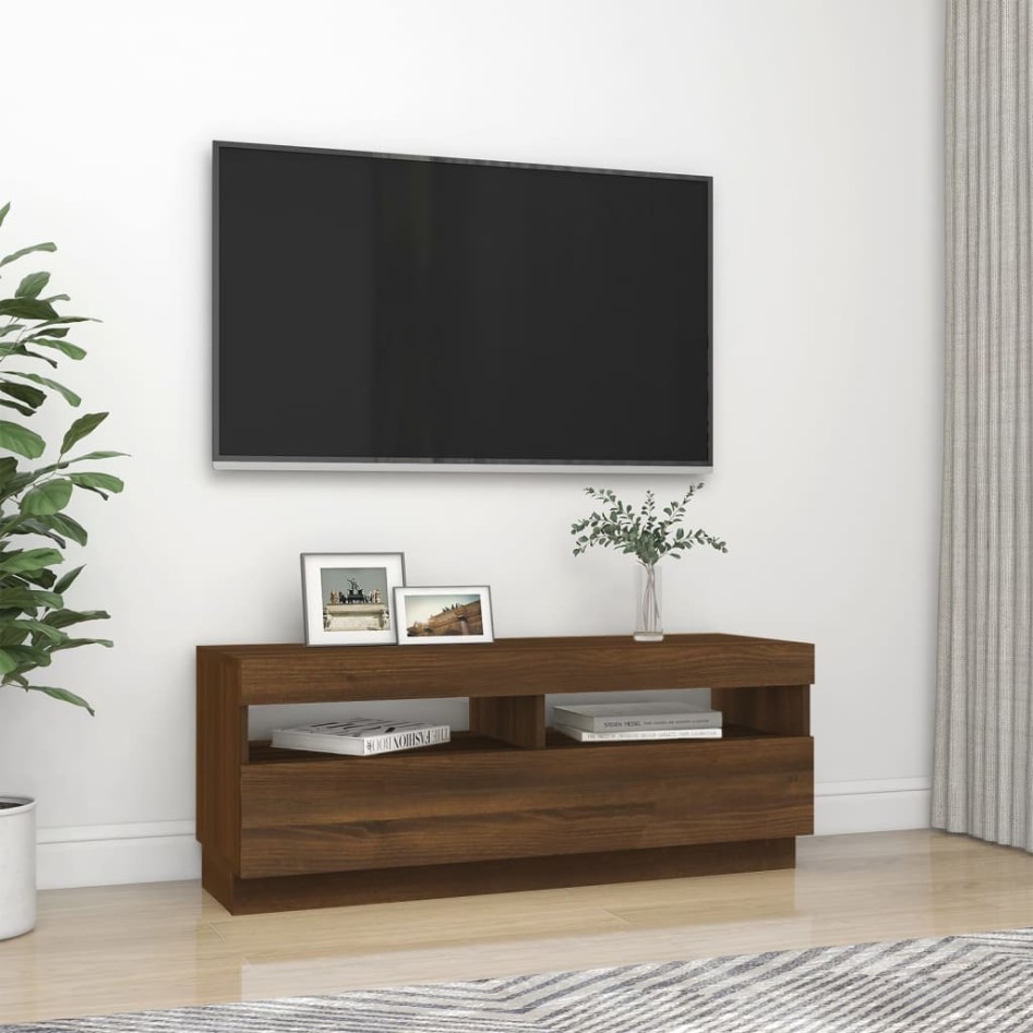 Mueble de TV con luces LED marrón roble 100x35x40