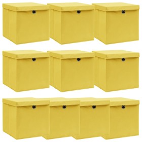 Cajas de almacenaje con tapas 10 uds tela amarillo 32x32x32