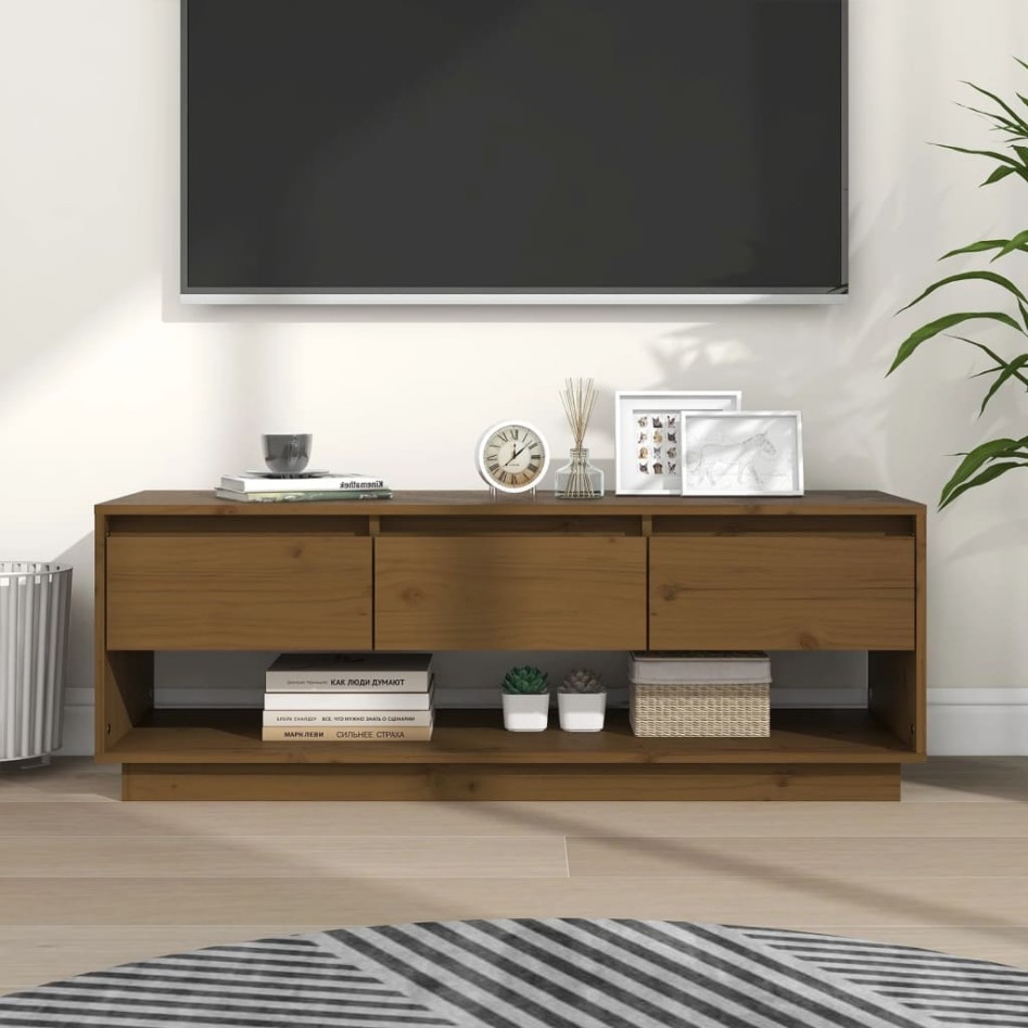 Mueble de TV madera maciza de pino marrón miel 110,5x34x40