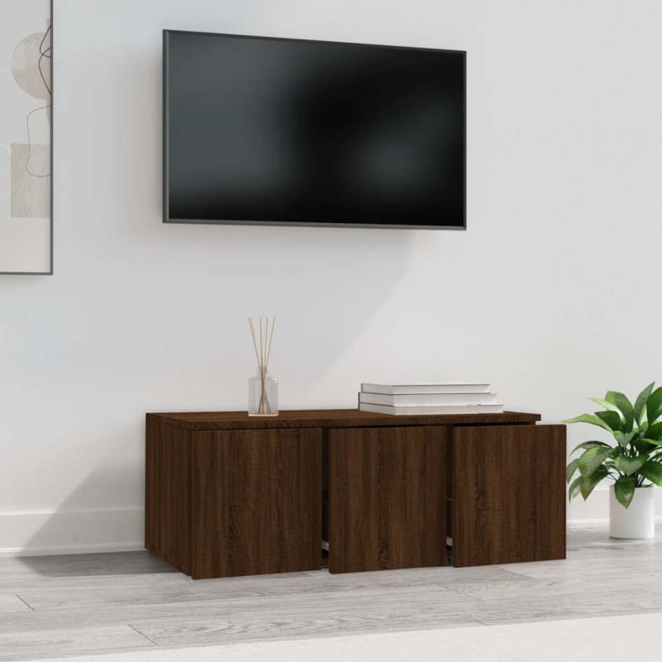Mueble TV madera contrachapada color marrón roble 80x34x30