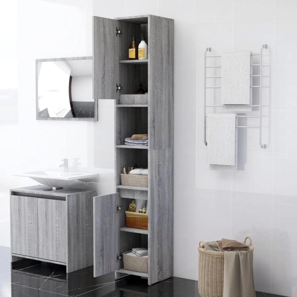 Armario de baño madera contrachapada gris Sonoma 30x30x183,5