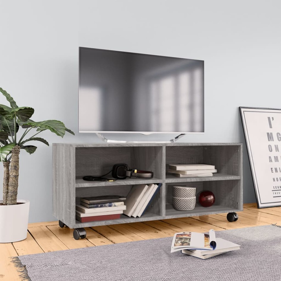 Mueble de TV con ruedas madera contrachapada gris 90x35x35