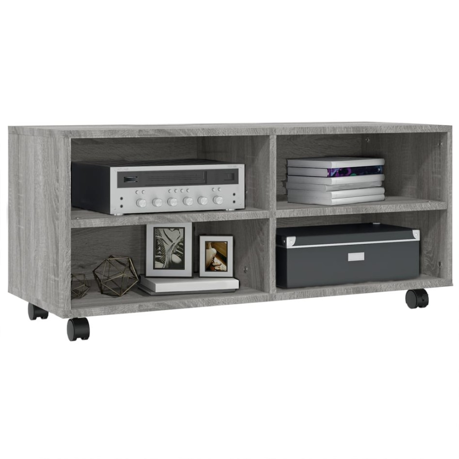Mueble de TV con ruedas madera contrachapada gris 90x35x35