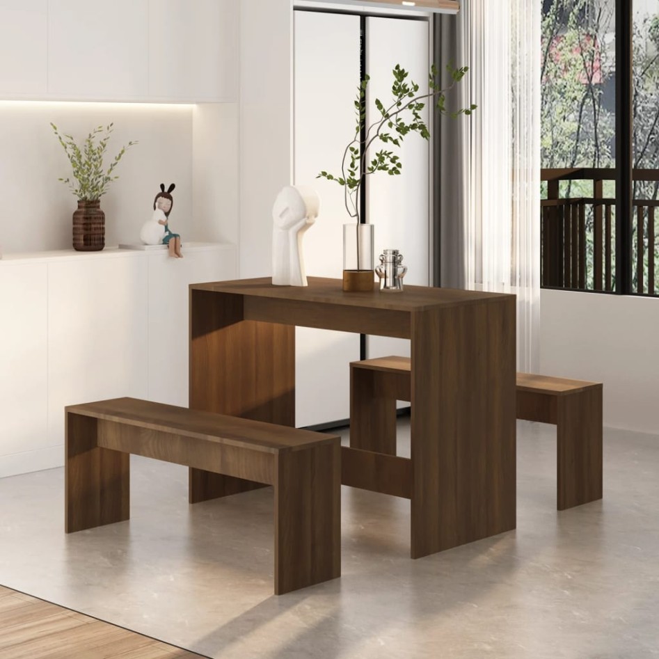 Juego de comedor 3 piezas madera ingeniería marrón