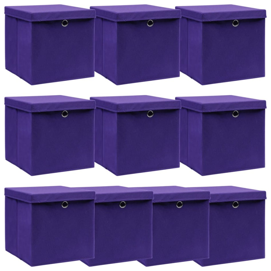 Cajas de almacenaje con tapas 10 uds tela morado 32x32x32