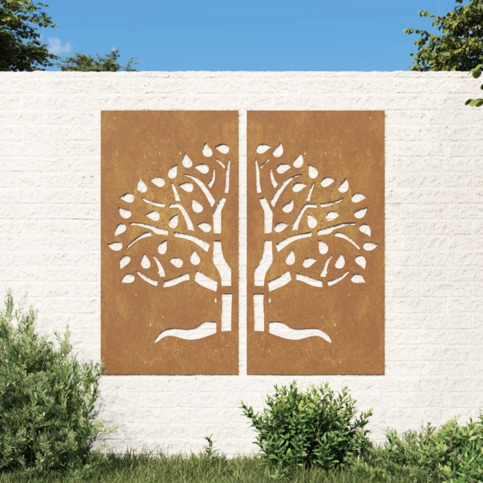 Adorno pared jardín 2 uds acero corten diseño árbol 105x55