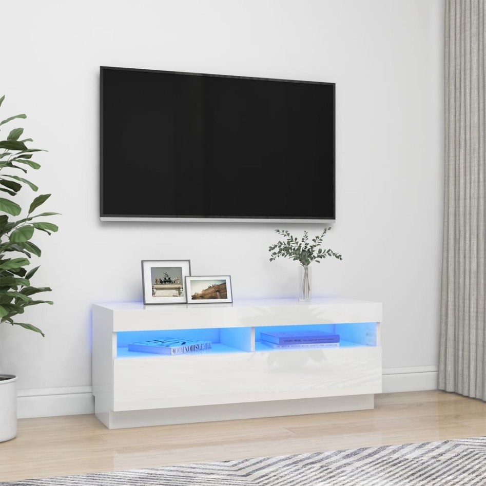 Mueble de TV con luces LED blanco brillante 100x35x40