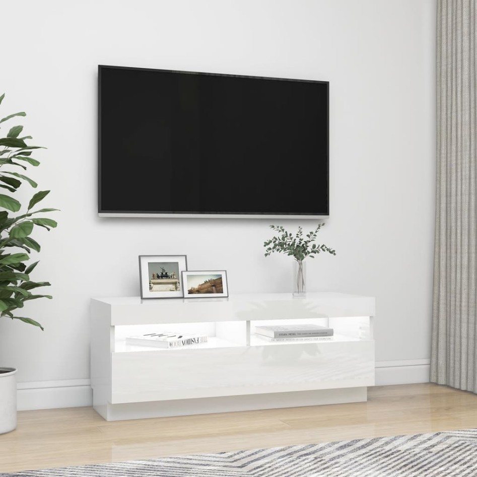 Mueble de TV con luces LED blanco brillante 100x35x40