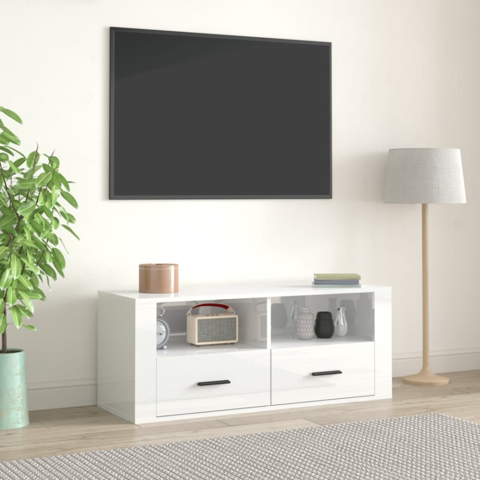Mueble de TV madera contrachapada blanco brillo 100x35x40