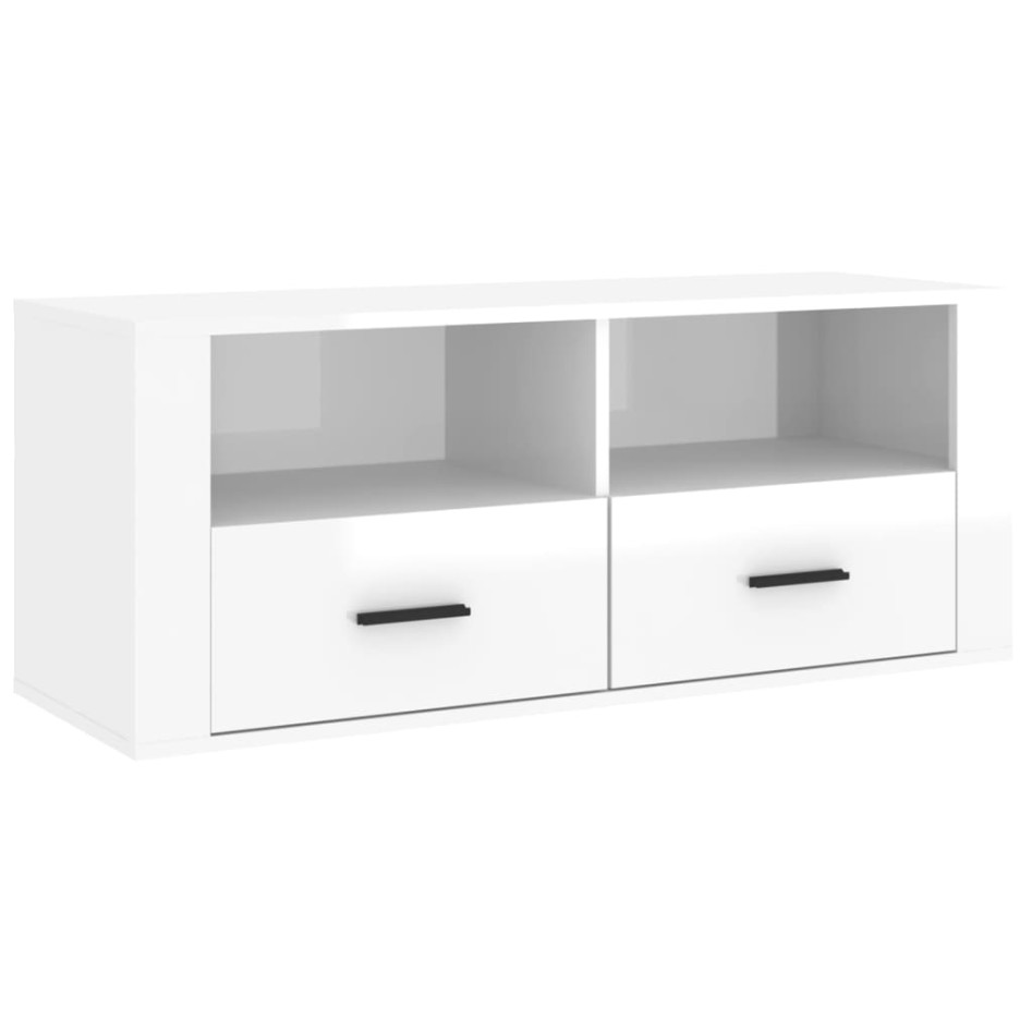 Mueble de TV madera contrachapada blanco brillo 100x35x40