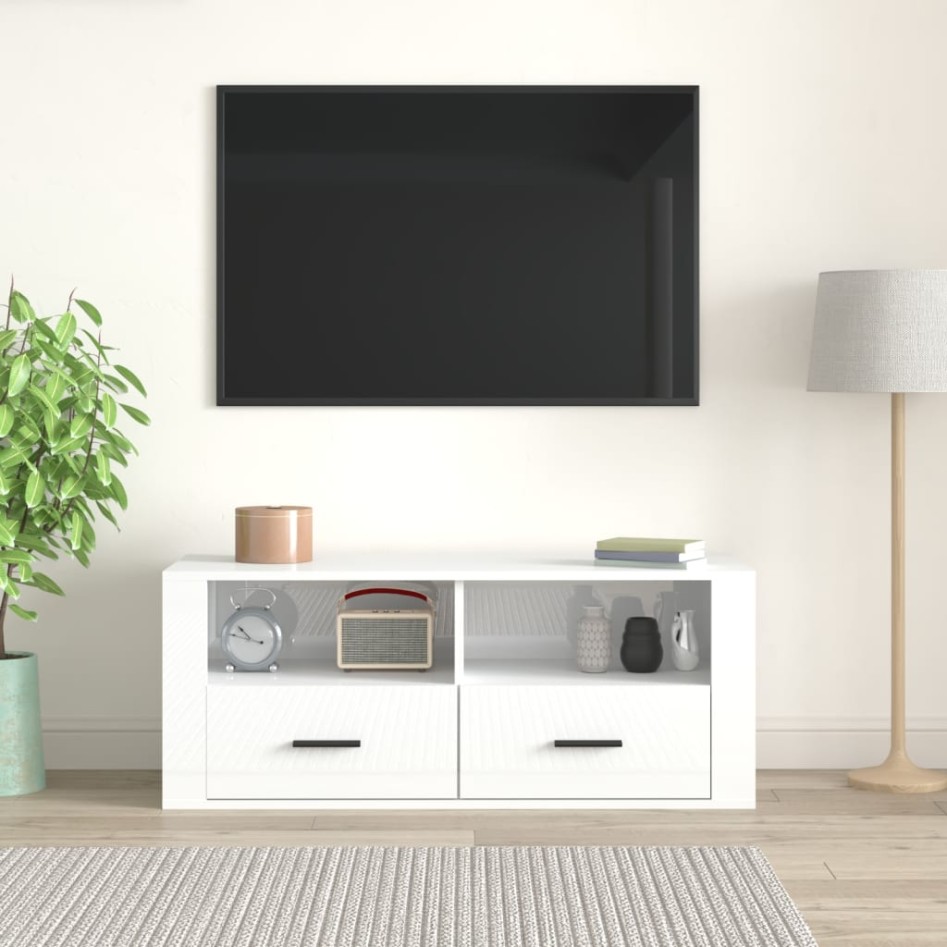 Mueble de TV madera contrachapada blanco brillo 100x35x40