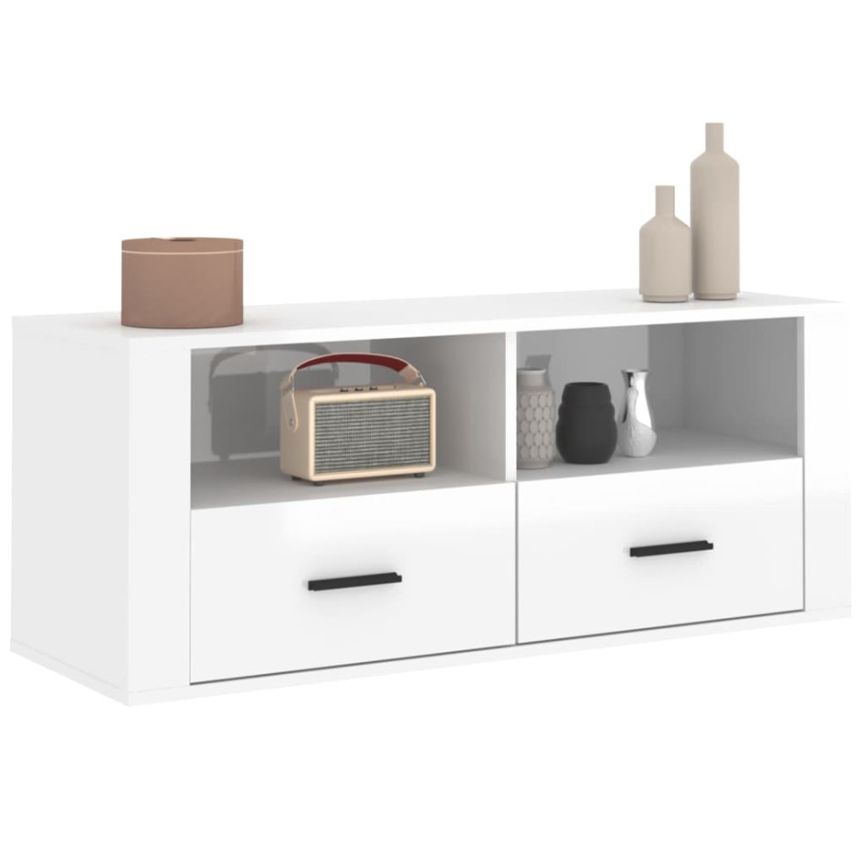 Mueble de TV madera contrachapada blanco brillo 100x35x40