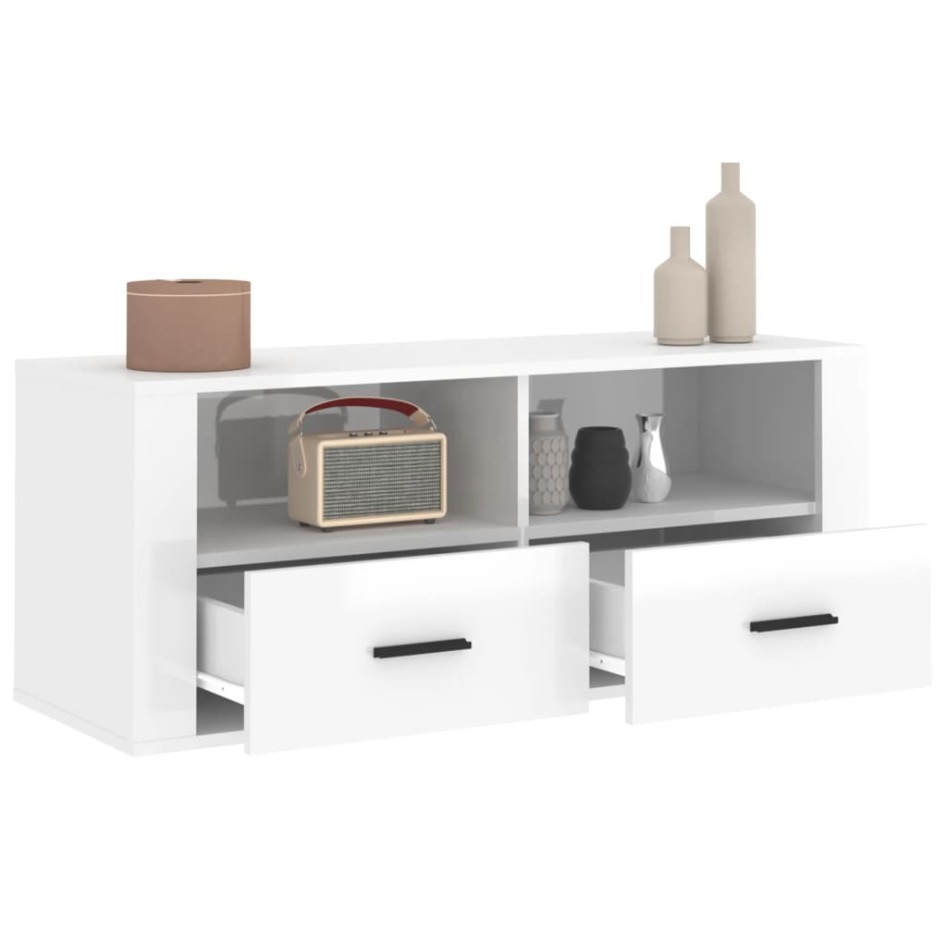 Mueble de TV madera contrachapada blanco brillo 100x35x40