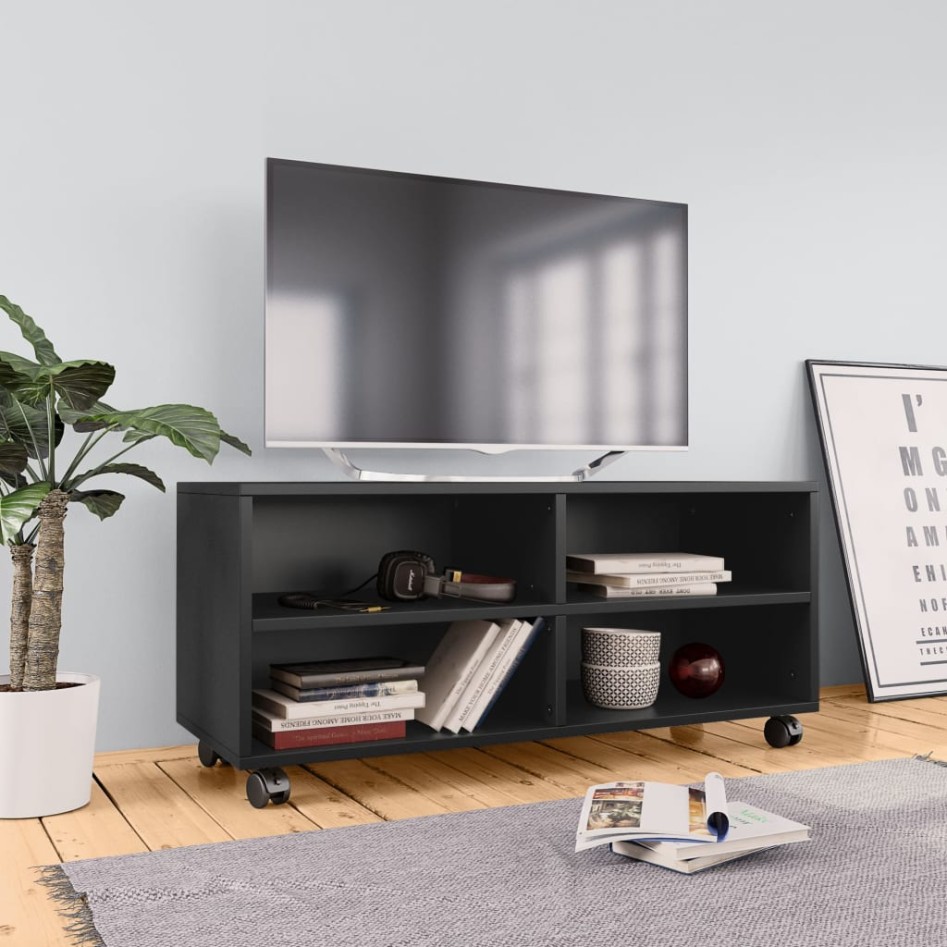 Mueble de TV con ruedas madera contrachapada negro 90x35x35