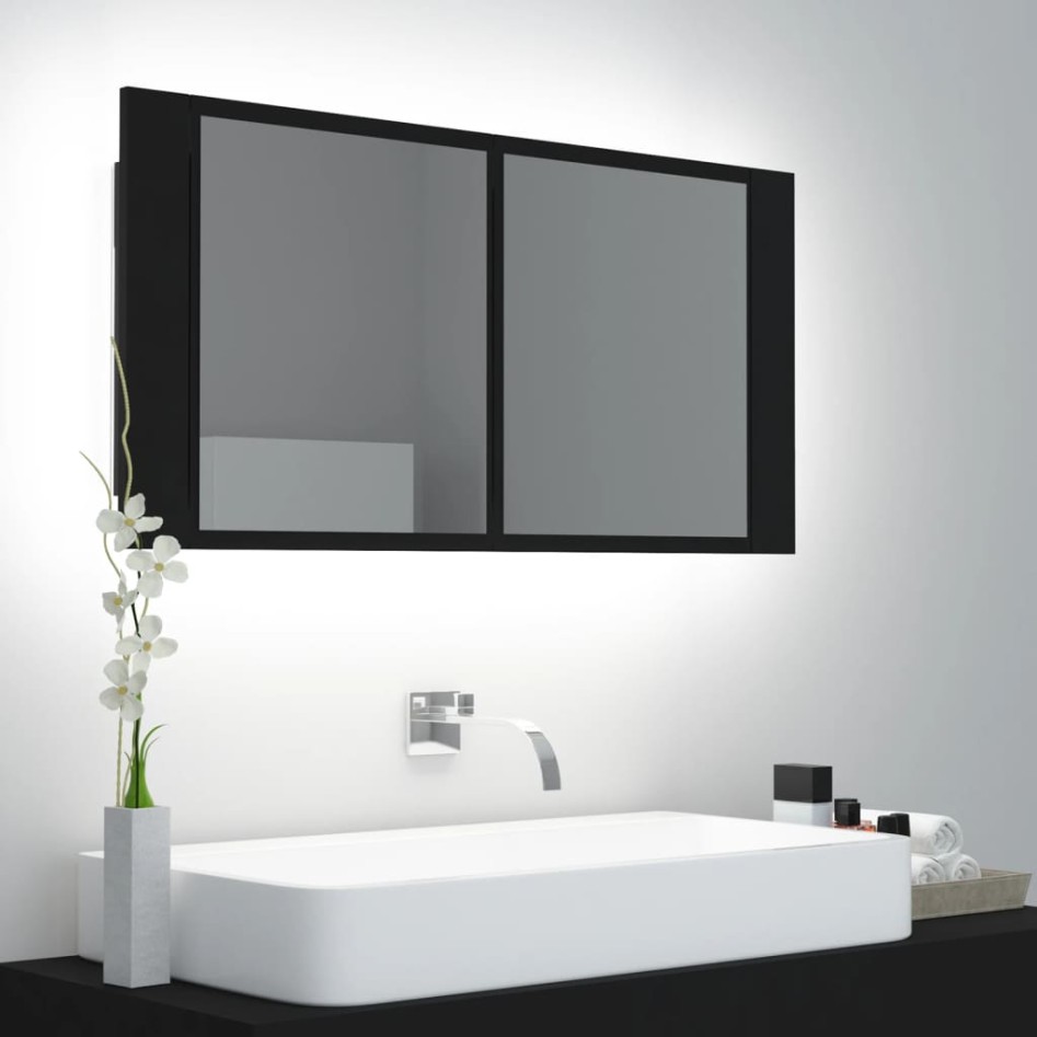 Armario espejo de baño con luz LED acrílico negro 90x12x45