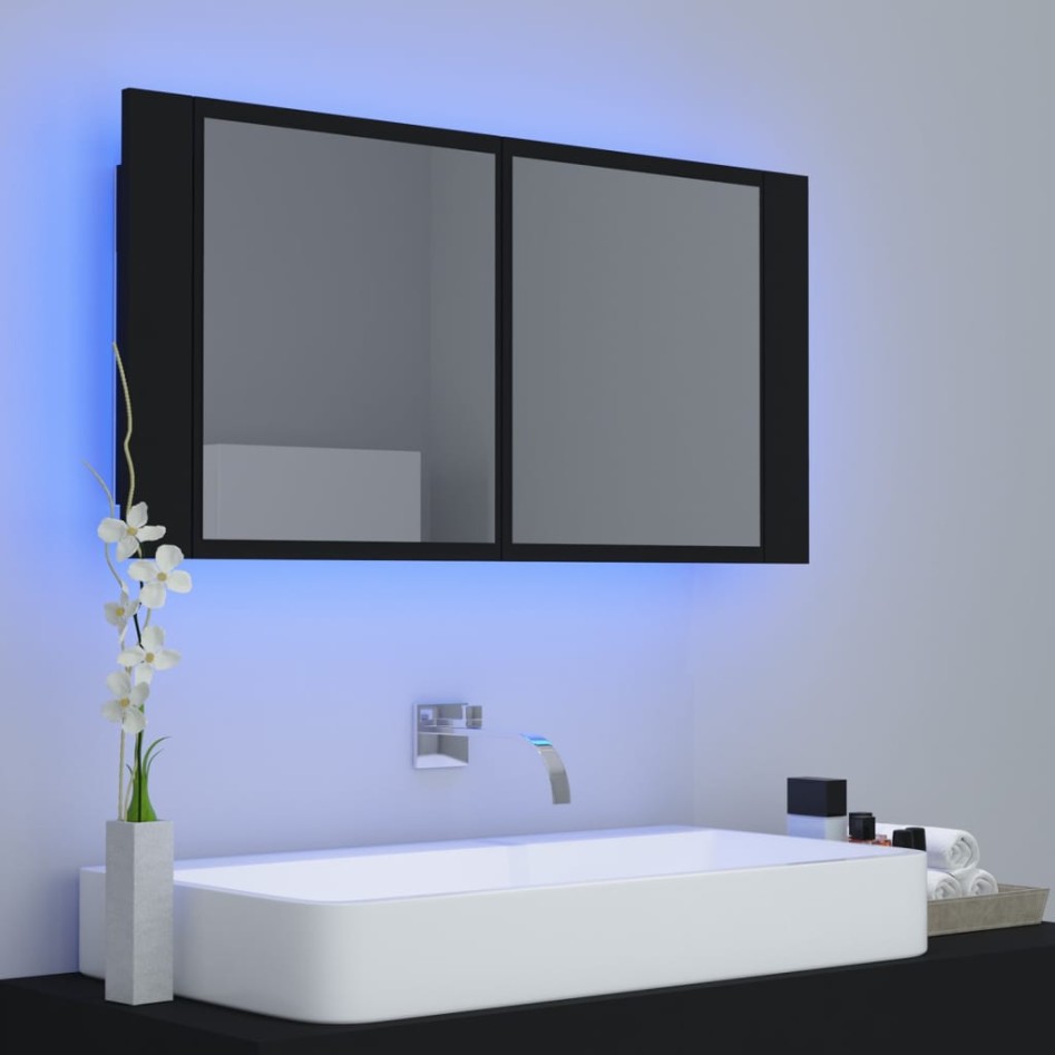 Armario espejo de baño con luz LED acrílico negro 90x12x45