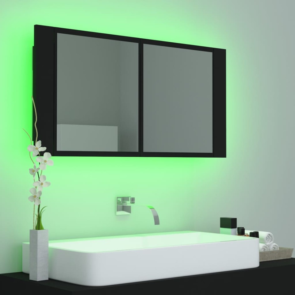 Armario espejo de baño con luz LED acrílico negro 90x12x45