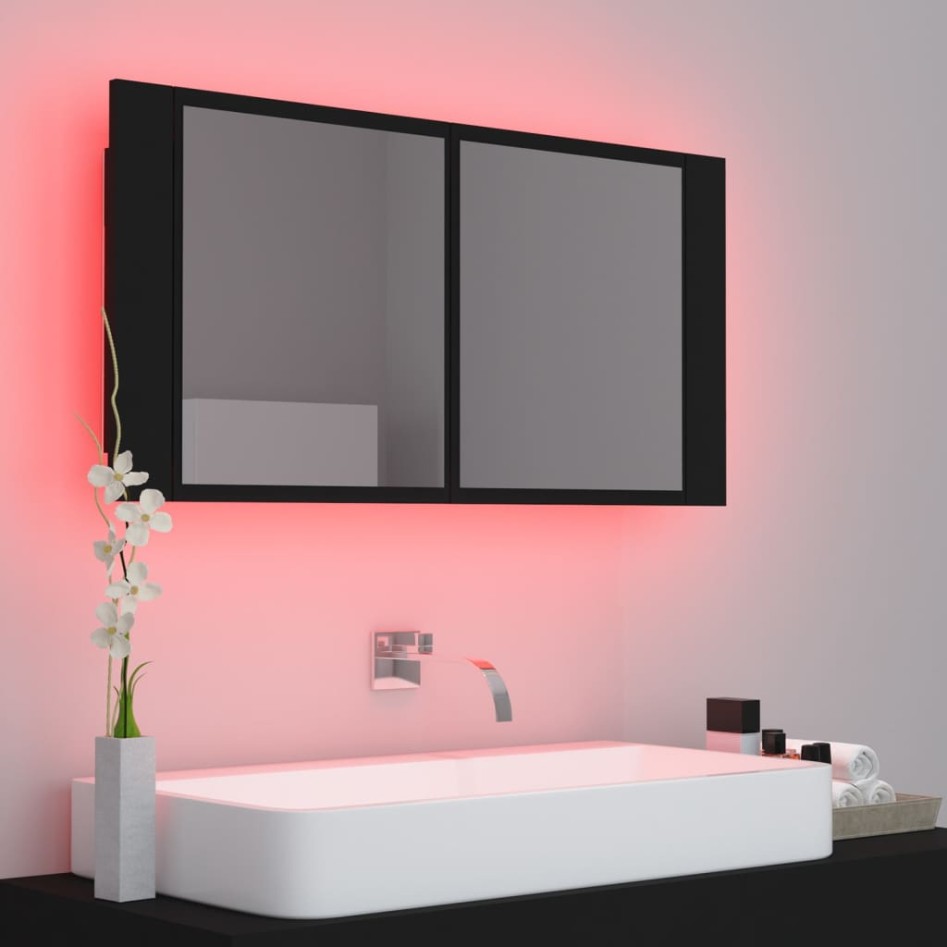 Armario espejo de baño con luz LED acrílico negro 90x12x45