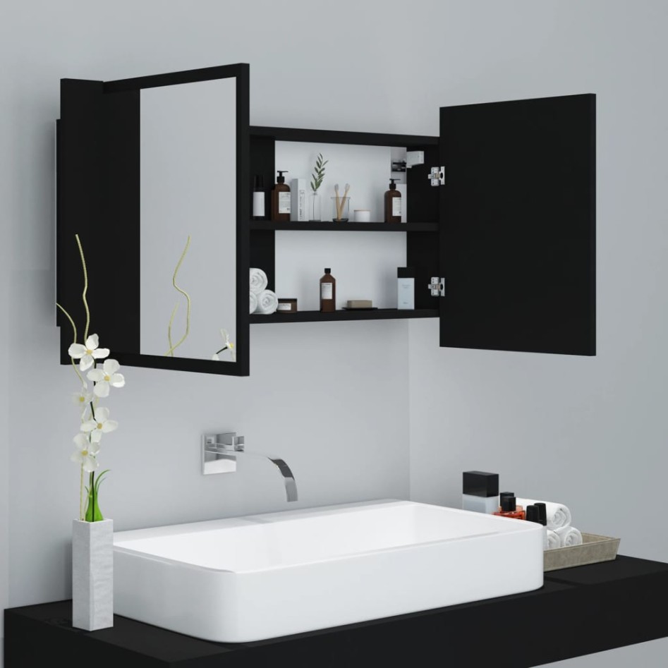 Armario espejo de baño con luz LED acrílico negro 90x12x45