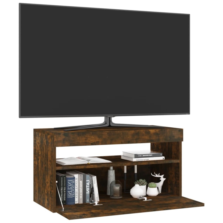 Mueble de TV con luces LED roble ahumado 75x35x40