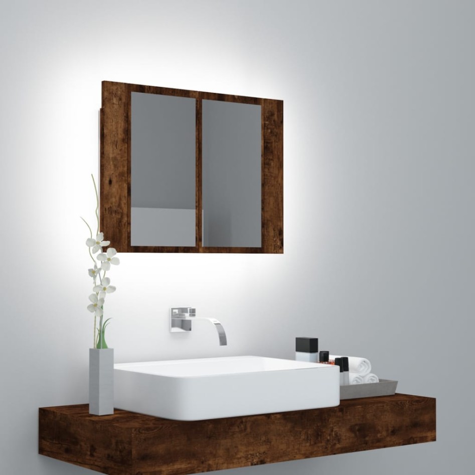 Armario con espejo LED madera roble ahumado 60x12x45