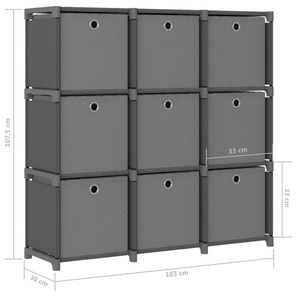 Estantería de 9 cubos con cajas de tela gris 103x30x107,5