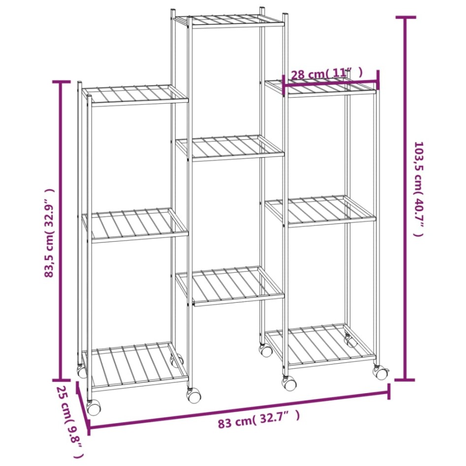 Soporte para flores con ruedas hierro negro 83x25x100