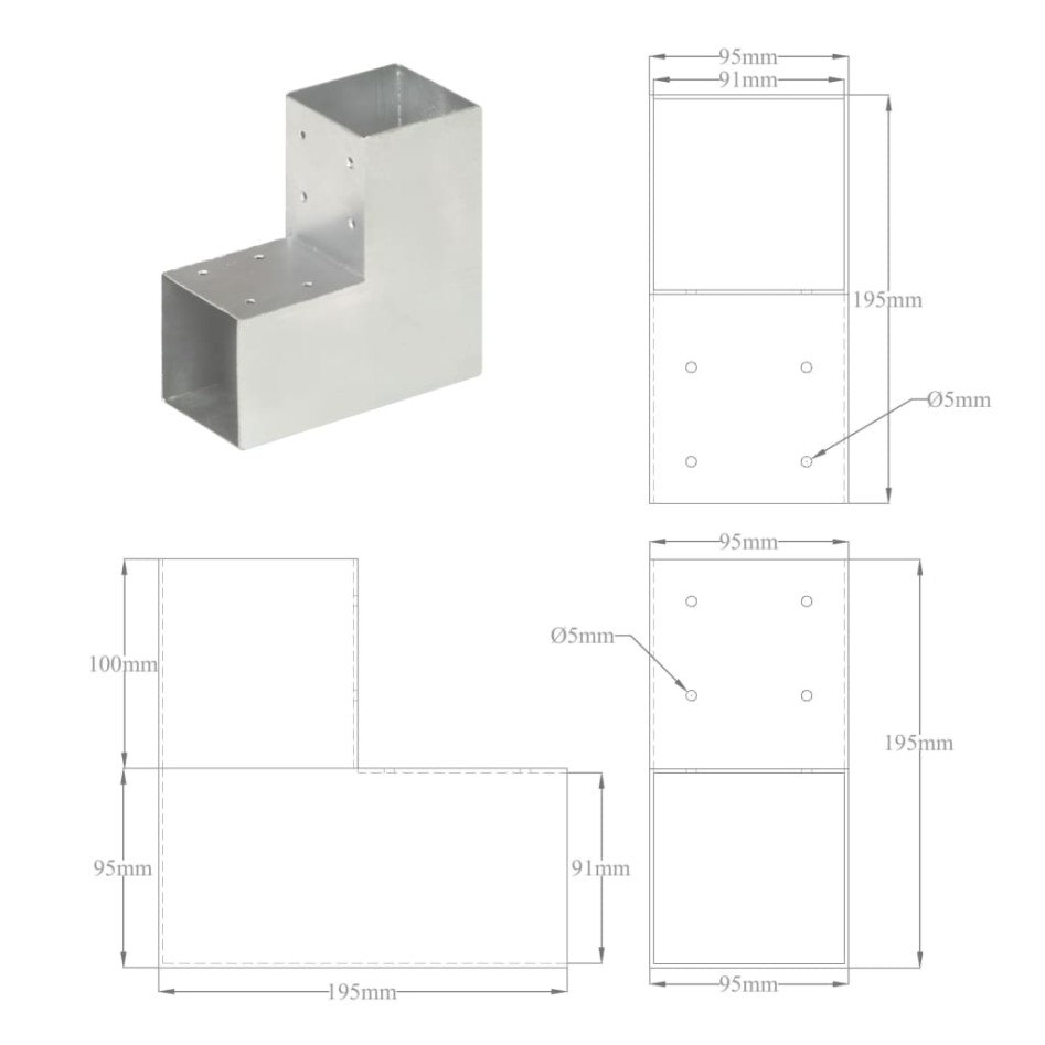 Conectores de postes en L 4 uds metal galvanizado 91x91
