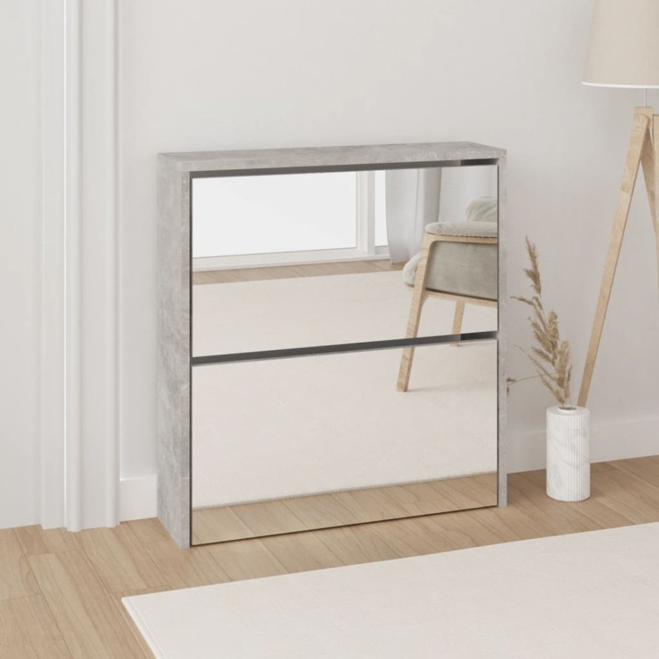 Mueble zapatero con espejo 2 niveles gris hormigón 63x17x67