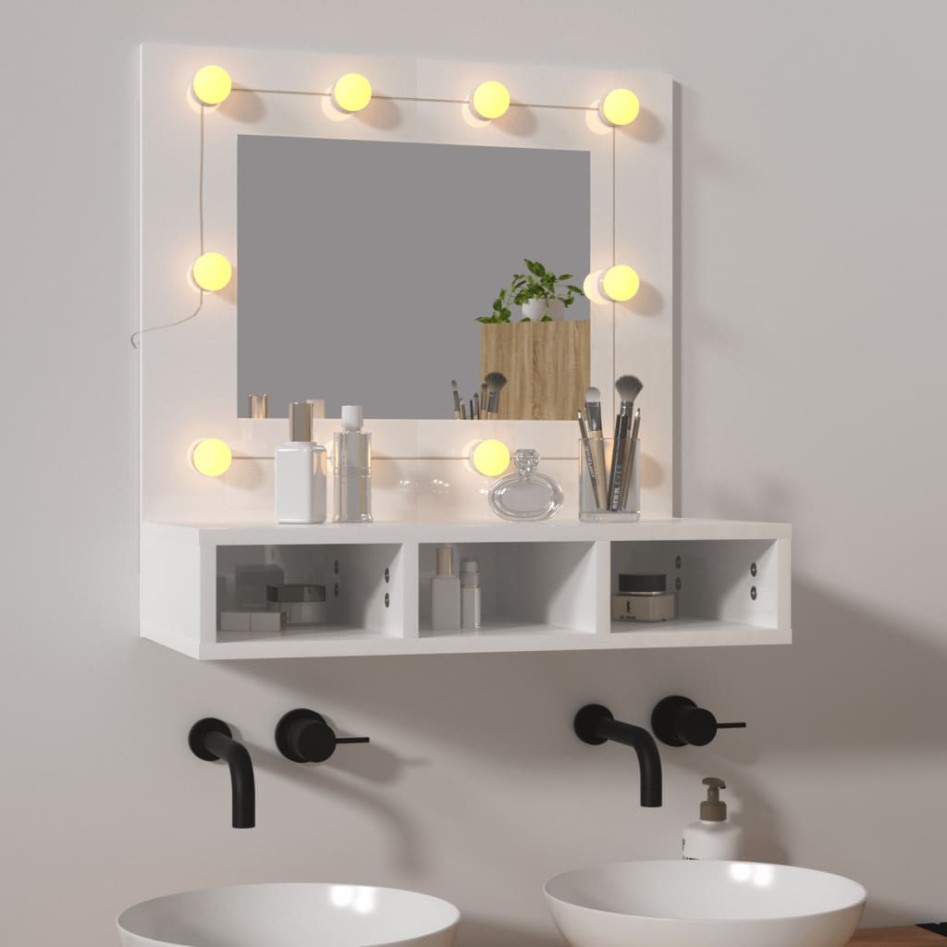 Mueble con espejo y luces LED blanco brillante 60x31,5x62