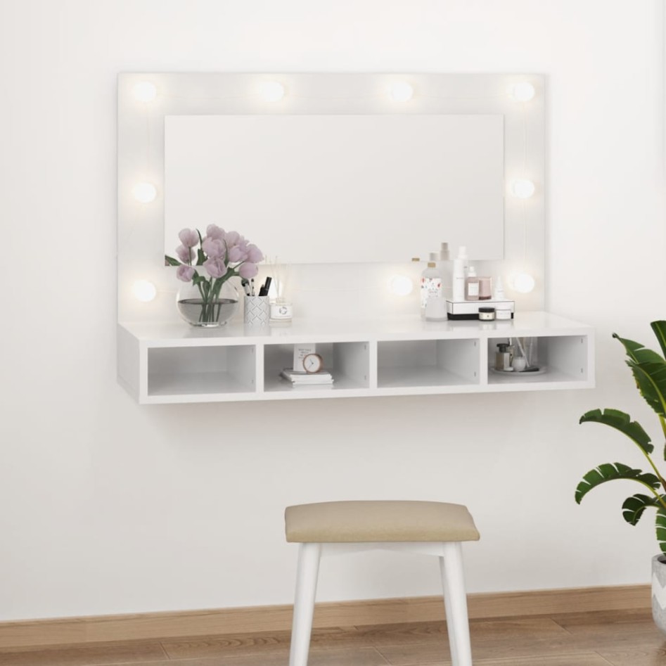 Mueble con espejo y luces LED blanco brillante 90x31,5x62