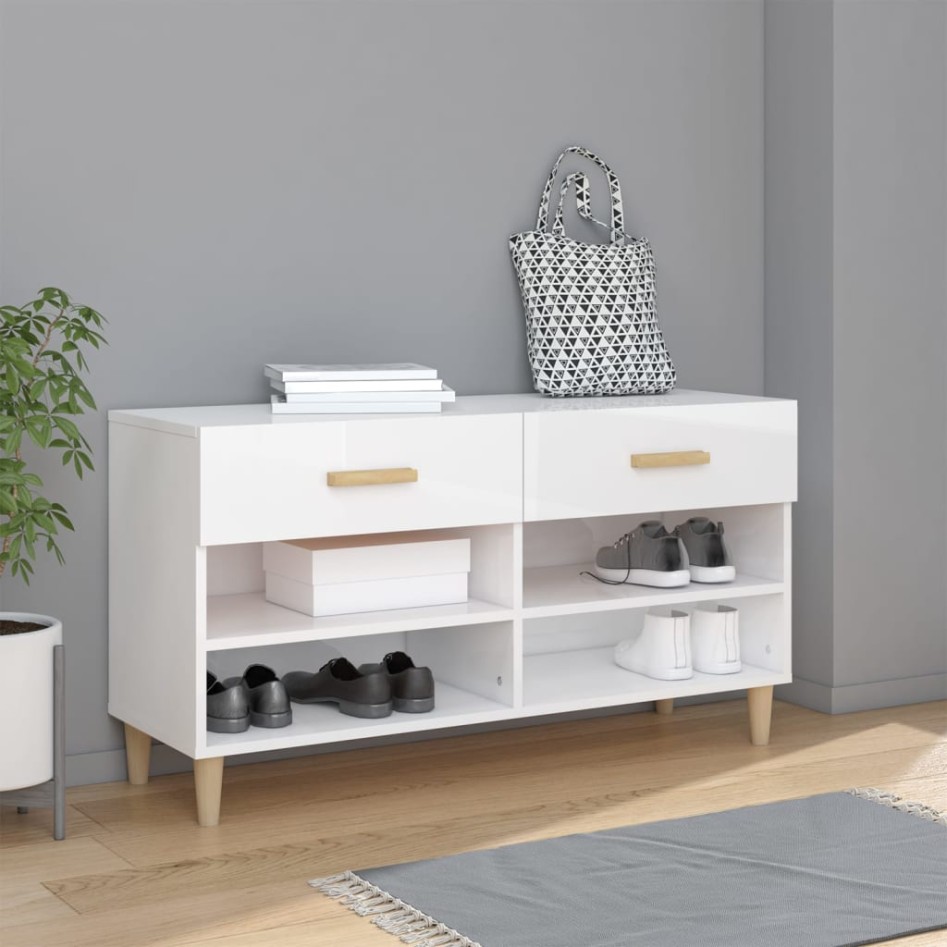 Mueble zapatero madera contrachapada blanco brillo 102x35x55