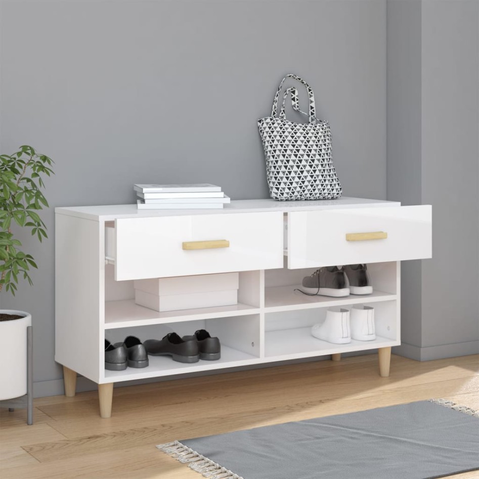 Mueble zapatero madera contrachapada blanco brillo 102x35x55