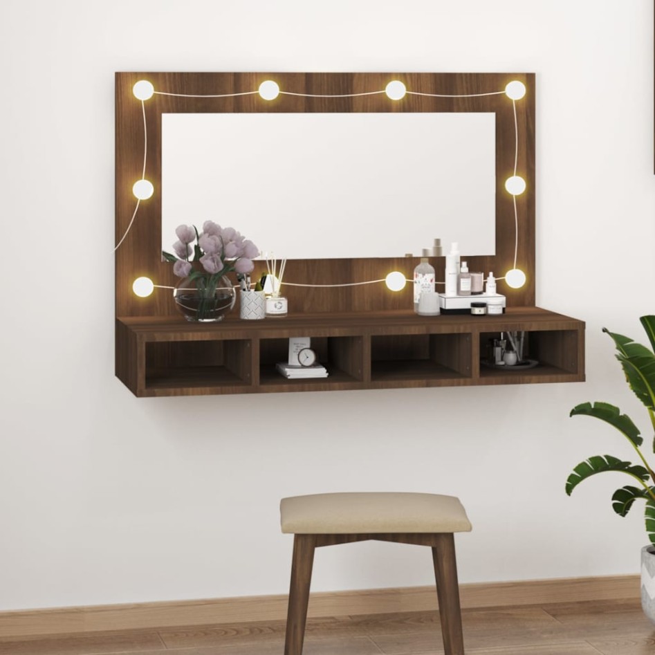 Mueble con espejo y LED marrón roble 90x31,5x62