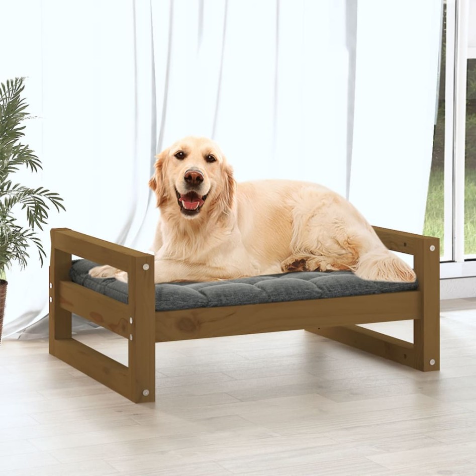 Cama para perros madera maciza pino marrón miel 75,5x55,5x28