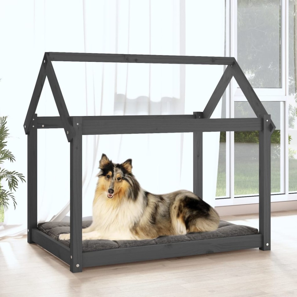 Cama para perros madera maciza de pino gris 101x70x90