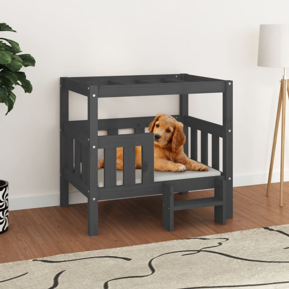 Cama para perros madera maciza de pino gris 75,5x63,5x70