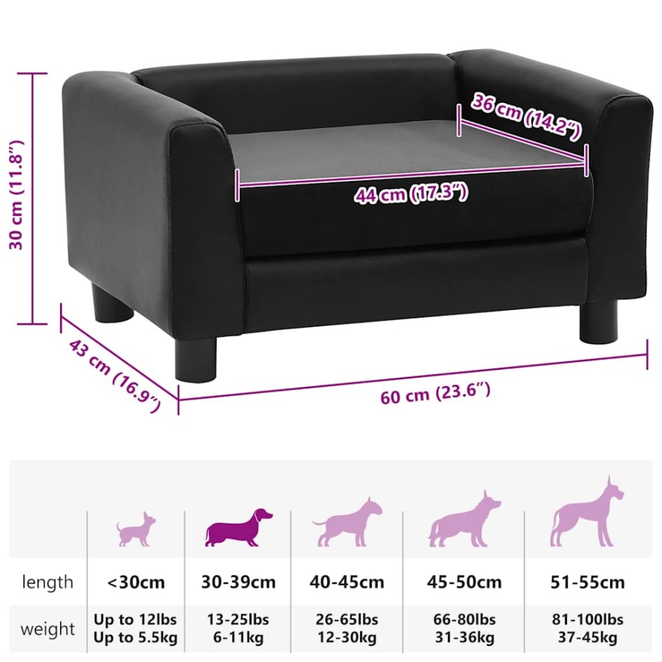 Sofá para perros felpa y cuero sintético negro 60x43x30