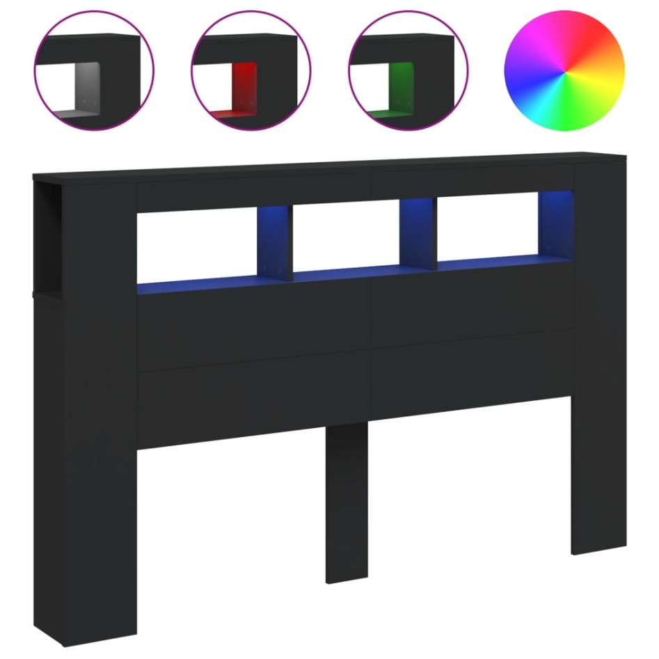 Cabecero con LED madera de ingeniería negro 160x18,5x103,5