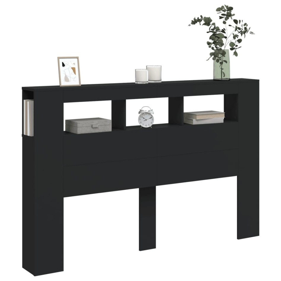 Cabecero con LED madera de ingeniería negro 160x18,5x103,5