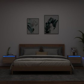 Mesitas de noche de pared con luces LED 2 unidades roble
