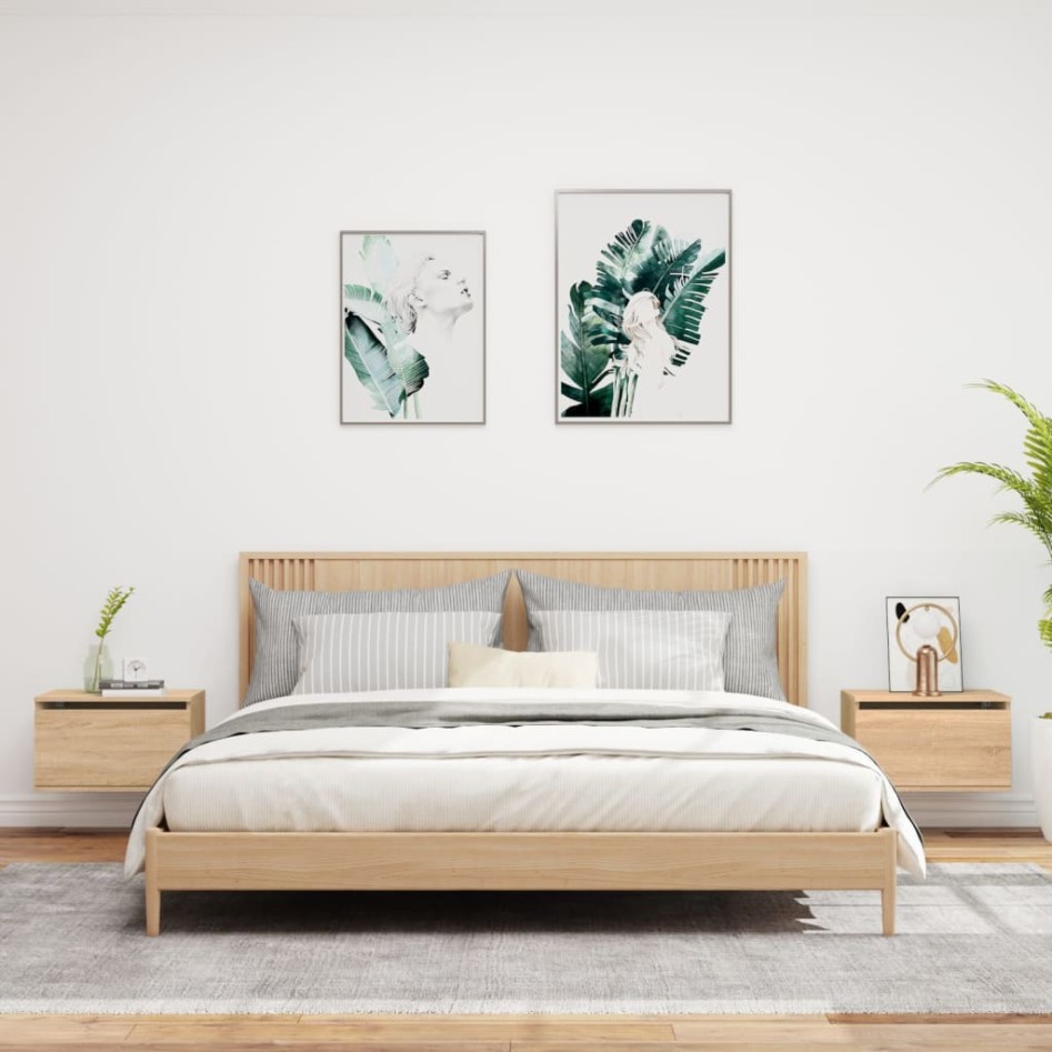 Mesitas de noche de pared con luces LED 2 unidades roble