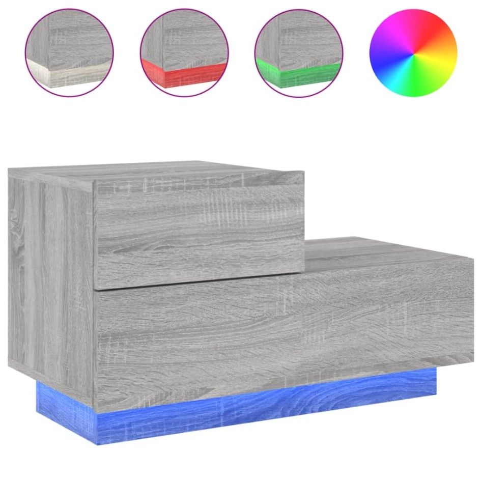 Mesita de noche con luces LED gris Sonoma 70x36x40,5