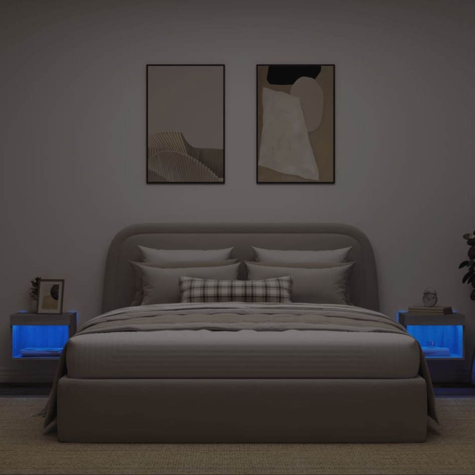 Mesitas de noche de pared con luces LED 2 uds gris