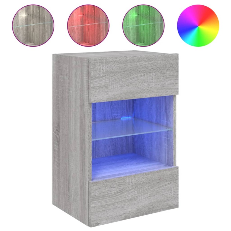 Muebles TV de pared luces LED 2 uds gris Sonoma 40x30x60,5