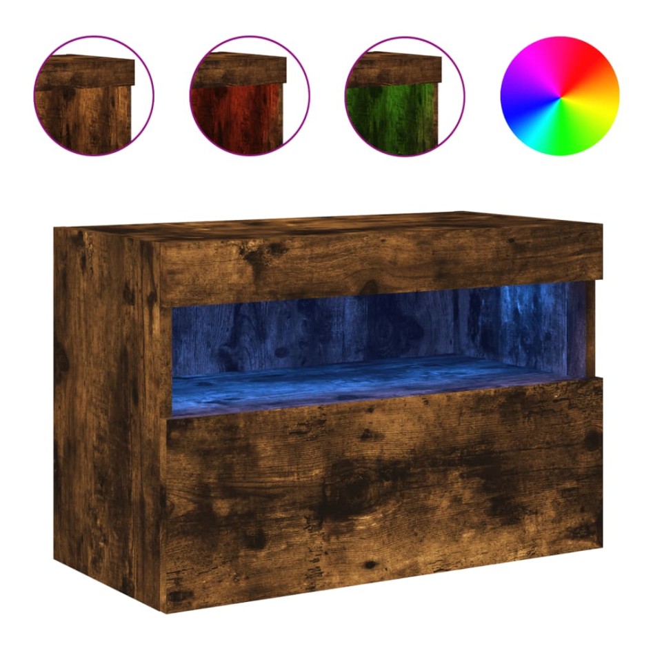 Mueble de TV de pared con luces LED roble ahumado 60x30x40