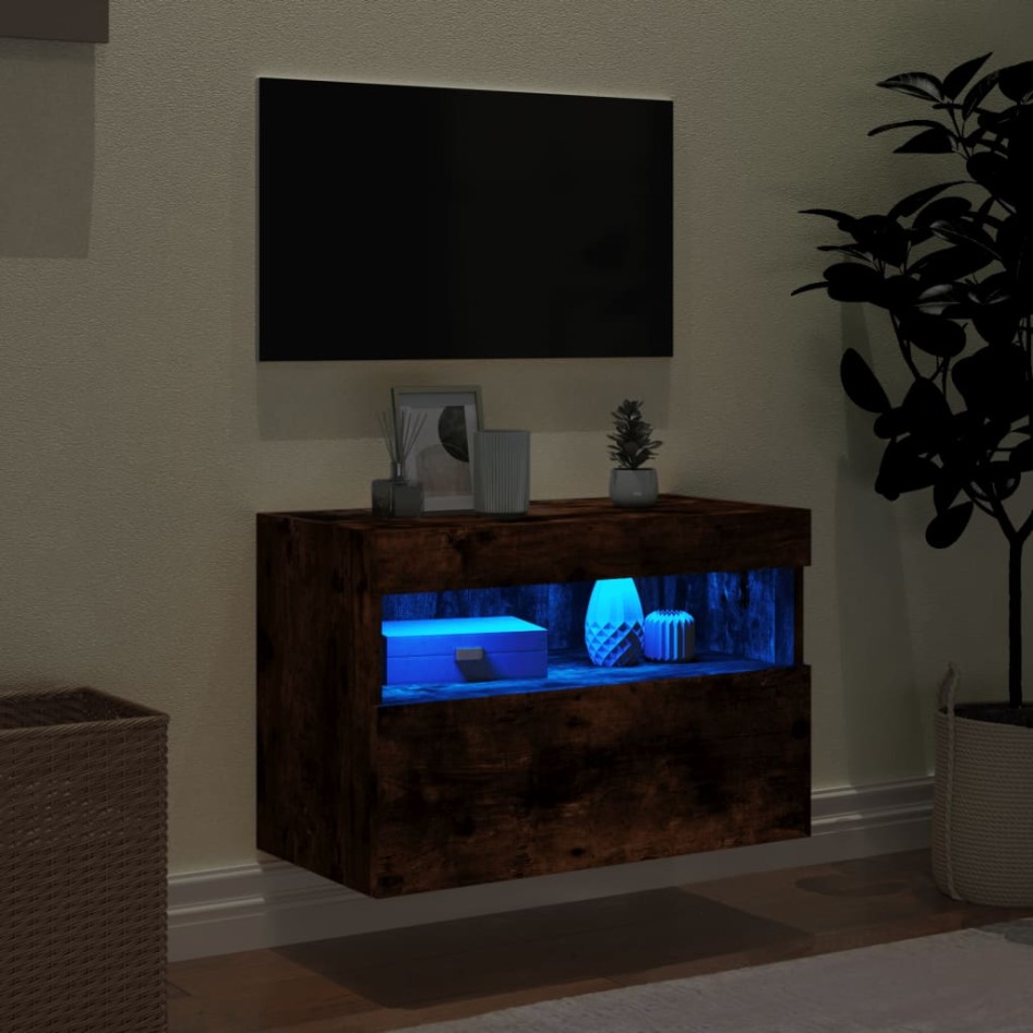 Mueble de TV de pared con luces LED roble ahumado 60x30x40